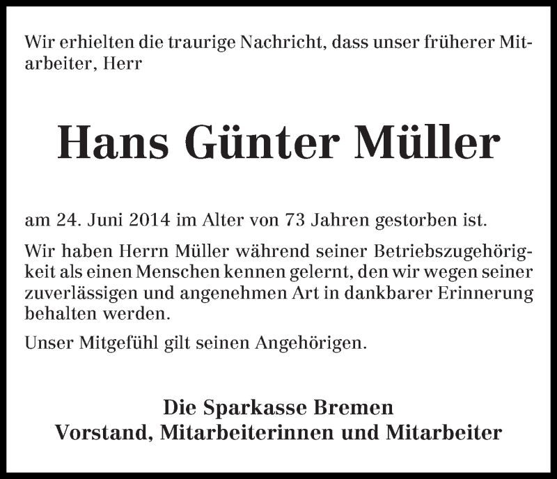 Traueranzeige von Hans-Günter Müller von WESER-KURIER
