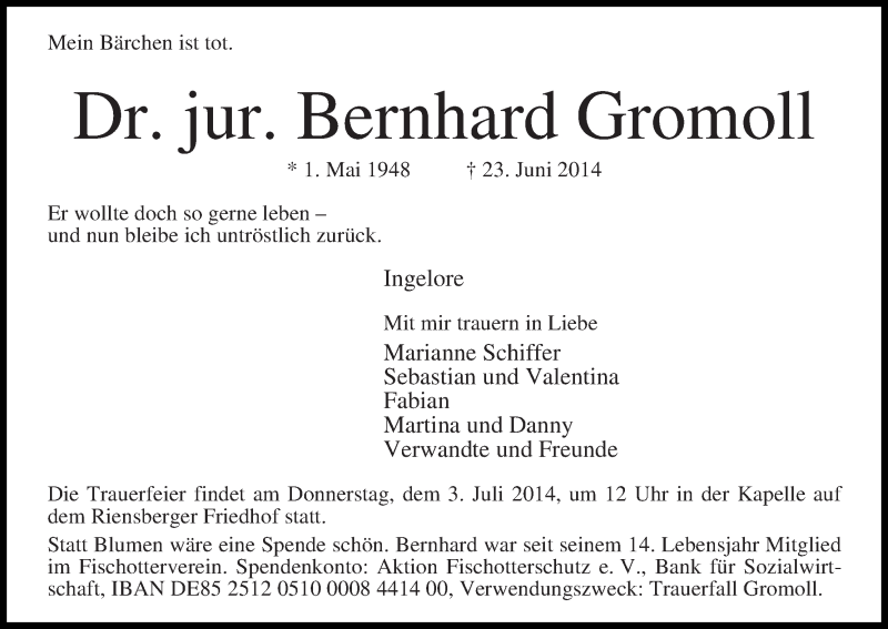  Traueranzeige für Bernhard Gromoll vom 28.06.2014 aus WESER-KURIER
