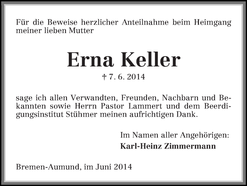 Traueranzeige von Erna Keller von Die Norddeutsche