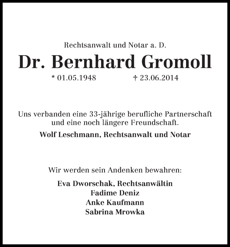  Traueranzeige für Bernhard Gromoll vom 28.06.2014 aus WESER-KURIER