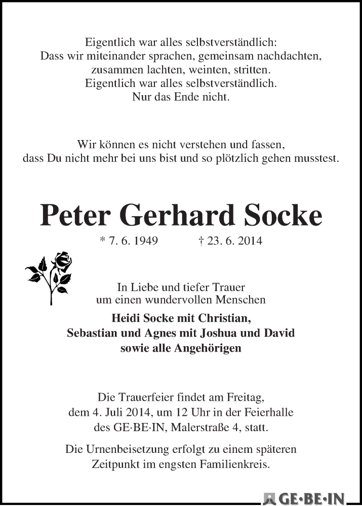  Traueranzeige für Peter Gerhard Socke vom 28.06.2014 aus WESER-KURIER