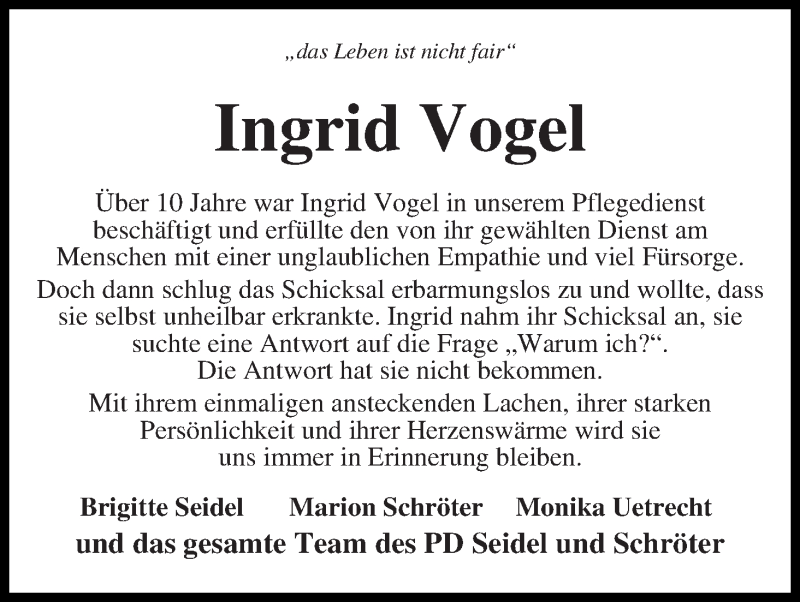 Traueranzeige von Ingrid Vogel von WESER-KURIER