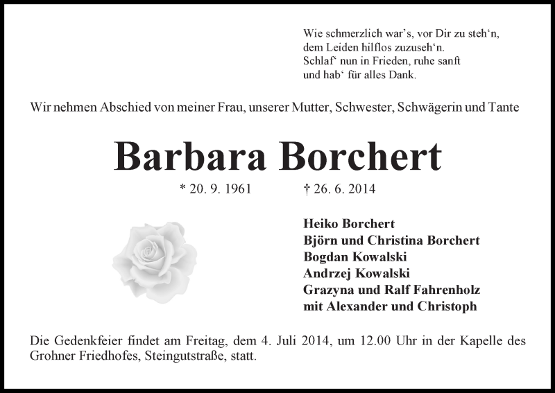 Traueranzeige von Barbara Borchert von WESER-KURIER
