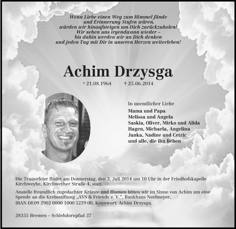  Traueranzeige für Achim Drzysga vom 28.06.2014 aus WESER-KURIER