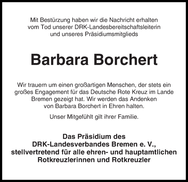 Traueranzeige von Barbara Borchert von WESER-KURIER