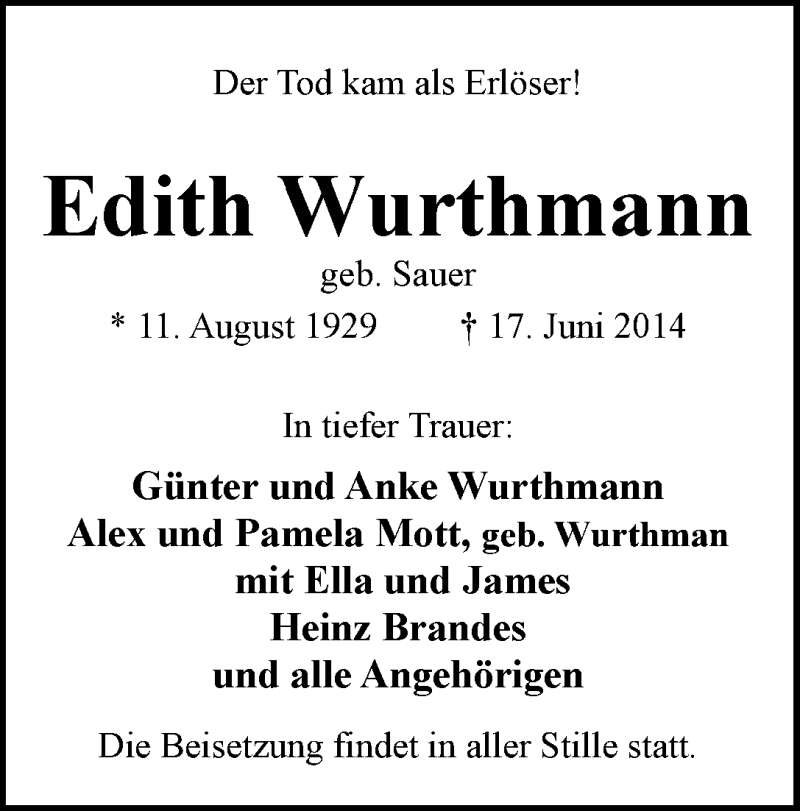 Traueranzeige von Edith Wurthmann von WESER-KURIER