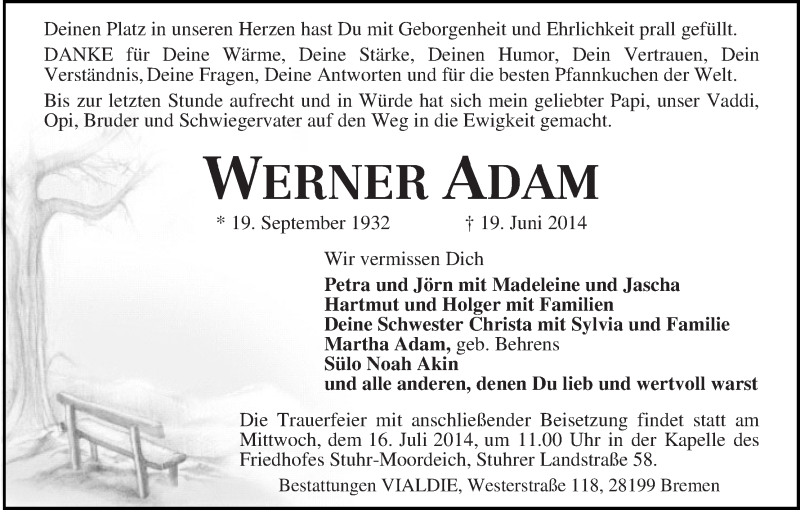  Traueranzeige für Werner Adam vom 28.06.2014 aus WESER-KURIER