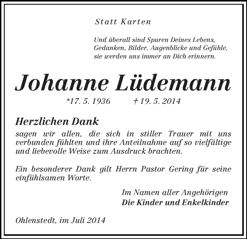 Traueranzeige von Johanne Lüdemann von Osterholzer Kreisblatt