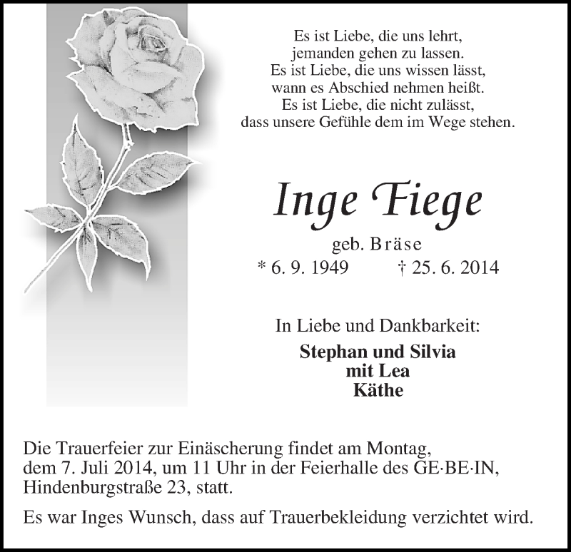 Traueranzeige von Inge Fiege von WESER-KURIER
