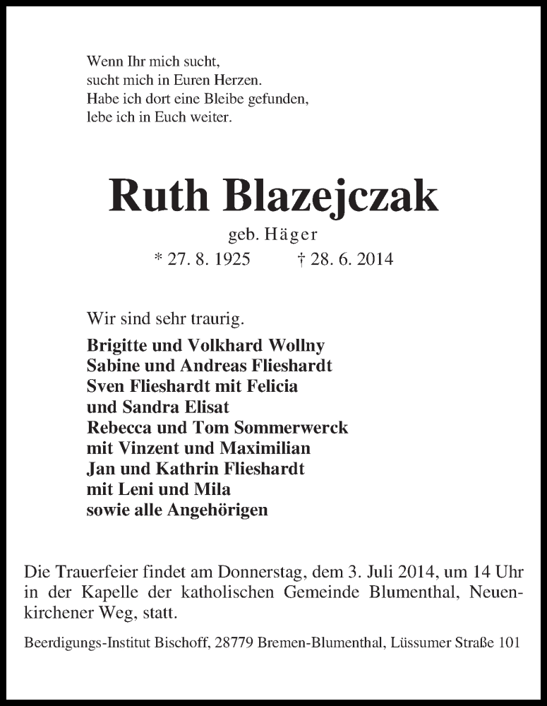 Traueranzeige von Ruth Blazejczak von Die Norddeutsche