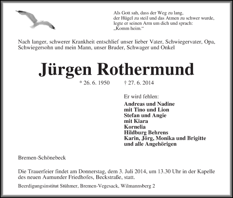  Traueranzeige für Jürgen Rothermund vom 01.07.2014 aus Die Norddeutsche