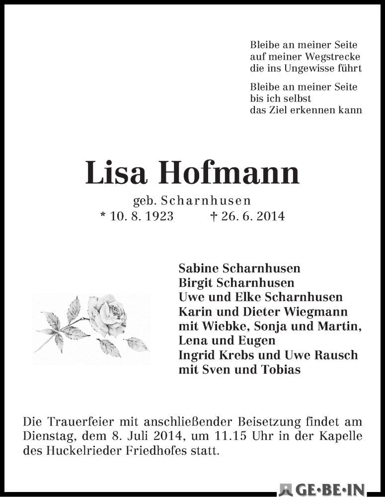 Traueranzeige von Lisa Hofmann von WESER-KURIER
