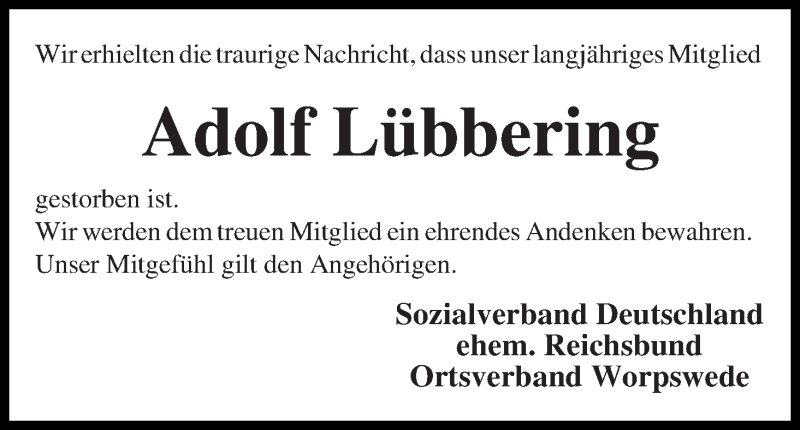 Traueranzeige von Adolf Lübbering von Wuemme Zeitung