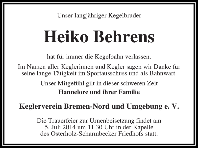  Traueranzeige für Heiko Behrens vom 02.07.2014 aus Die Norddeutsche