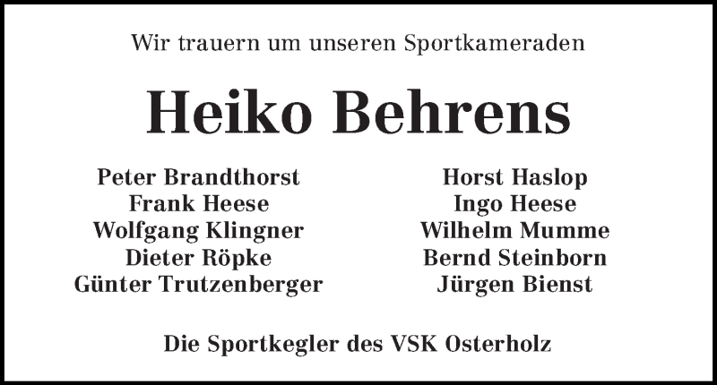  Traueranzeige für Heiko Behrens vom 01.07.2014 aus Osterholzer Kreisblatt