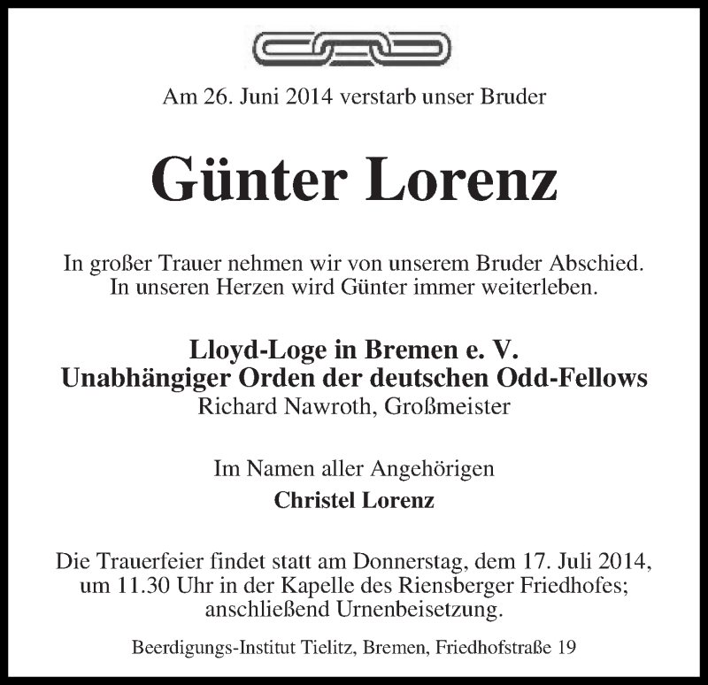 Traueranzeige von Günter Lorenz von WESER-KURIER