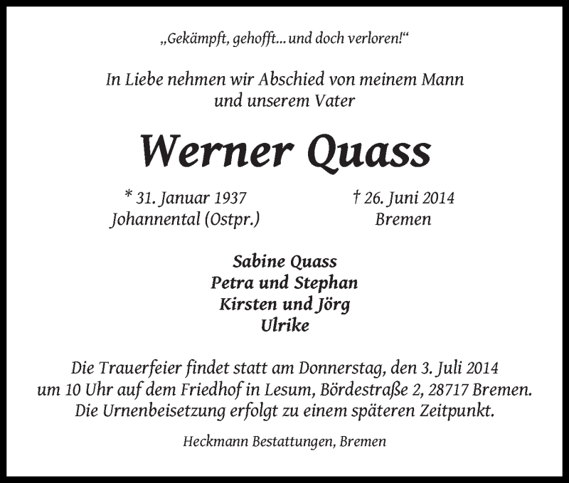  Traueranzeige für Werner Quass vom 01.07.2014 aus Die Norddeutsche