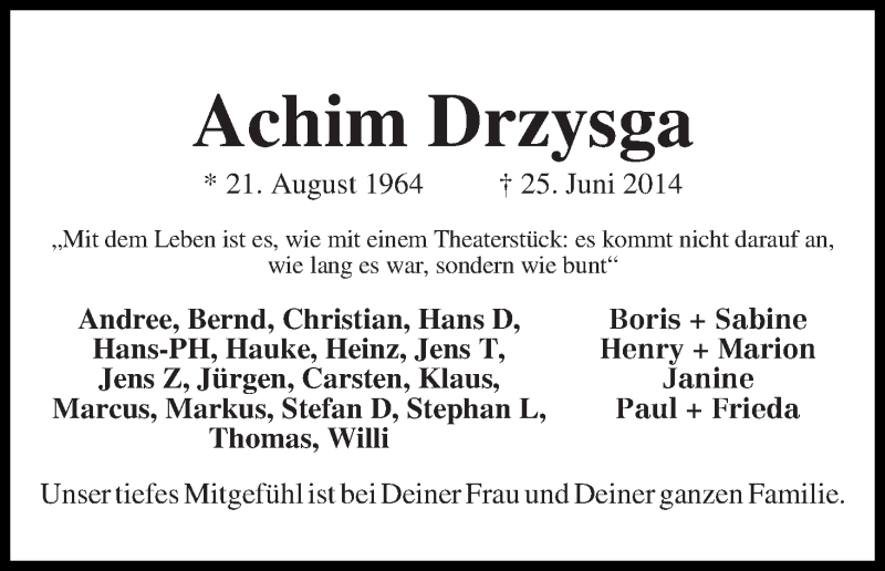  Traueranzeige für Achim Drzysga vom 02.07.2014 aus WESER-KURIER