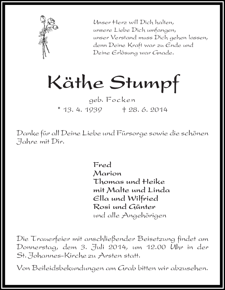 Traueranzeige von Käthe Stumpf von WESER-KURIER