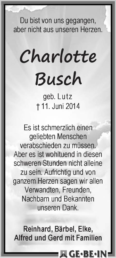 Traueranzeige von Charlotte Busch von WESER-KURIER