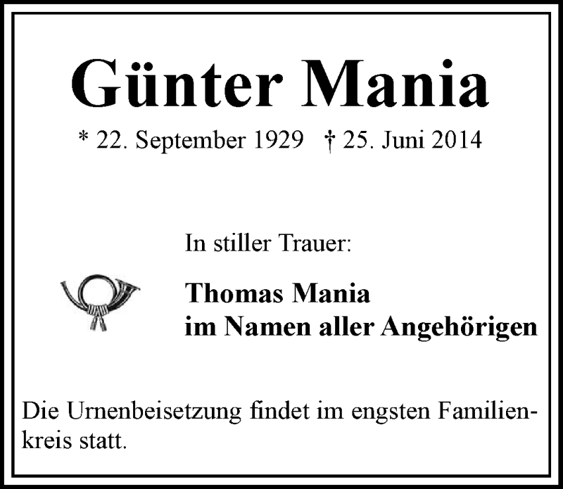 Traueranzeige von Günter Mania von WESER-KURIER