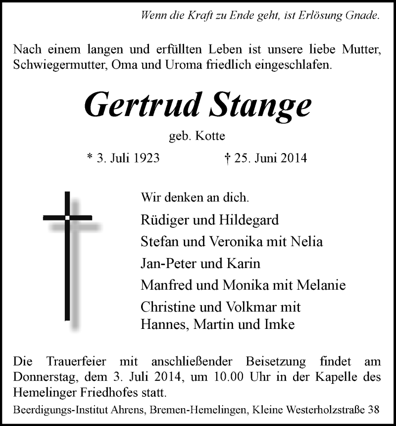 Traueranzeigen Von Gertrud Stange Trauer And Gedenken 