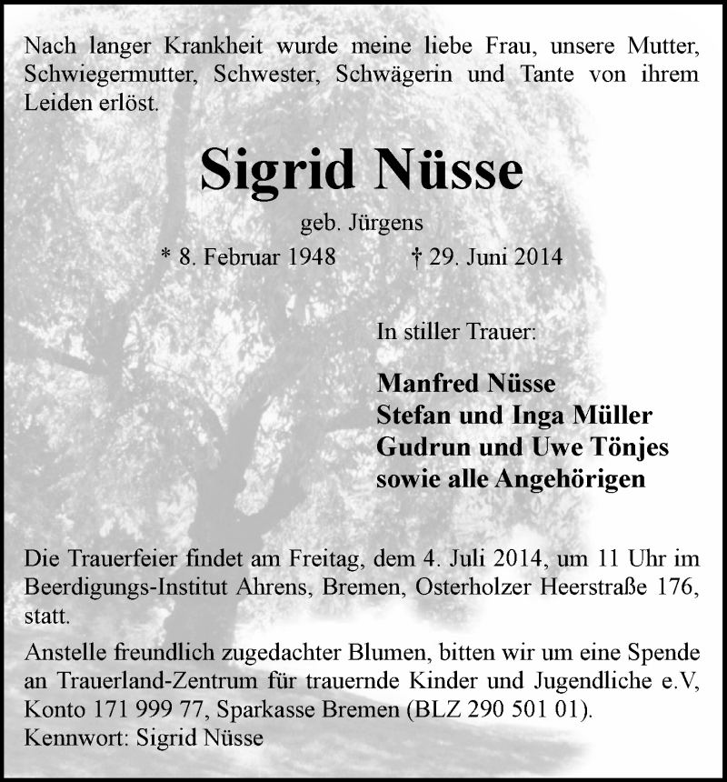 Traueranzeige von Sigrid Nüsse von WESER-KURIER