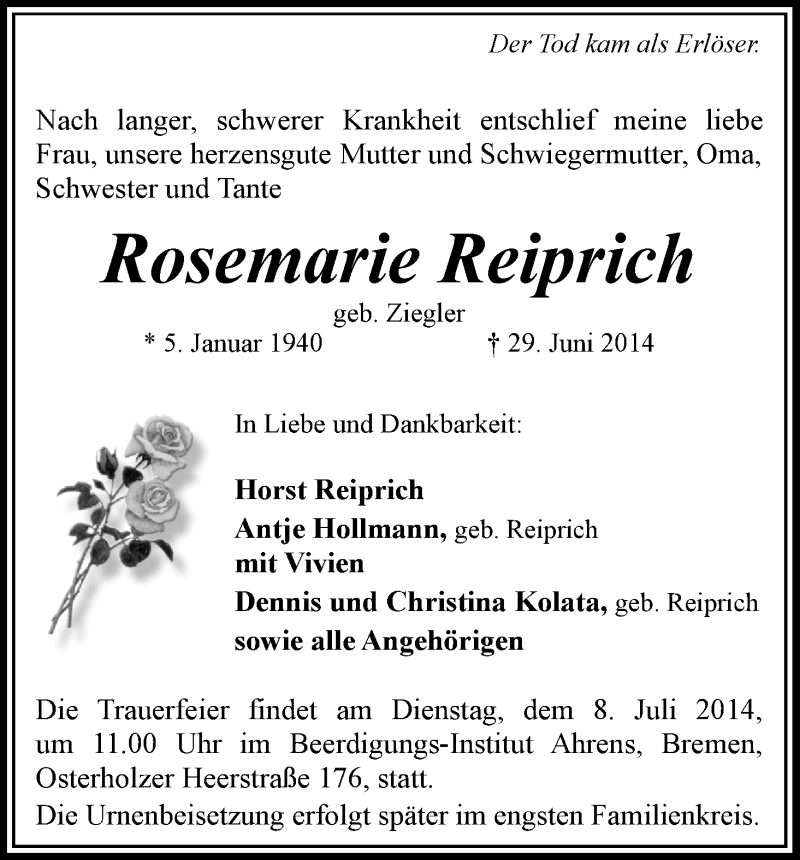 Traueranzeige von Rosemarie Reiprich von WESER-KURIER