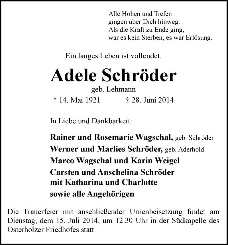 Traueranzeige von Adele Schröder von WESER-KURIER
