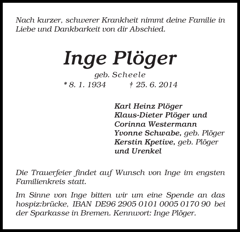 Traueranzeige von Inge Plöger von WESER-KURIER