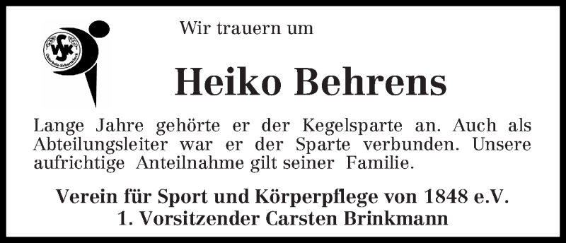  Traueranzeige für Heiko Behrens vom 02.07.2014 aus Osterholzer Kreisblatt