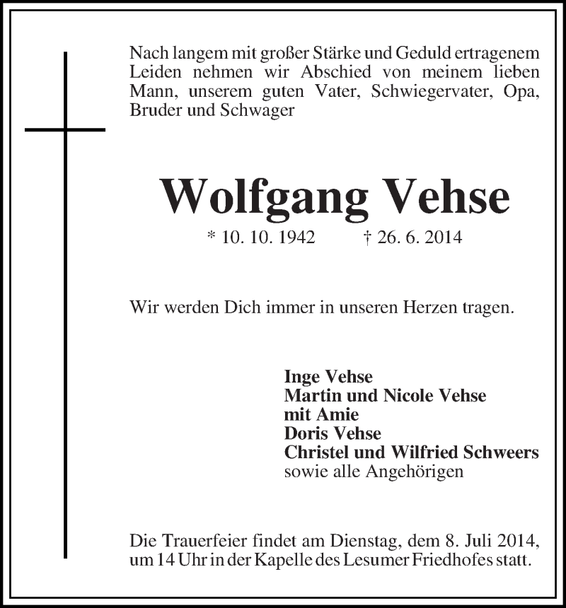 Traueranzeige von Wolfgang Vehse von WESER-KURIER