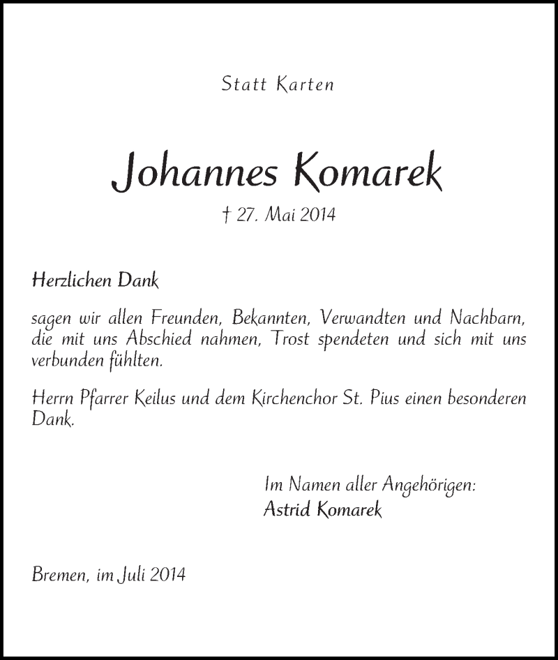 Traueranzeige von Johannes Komarek von WESER-KURIER