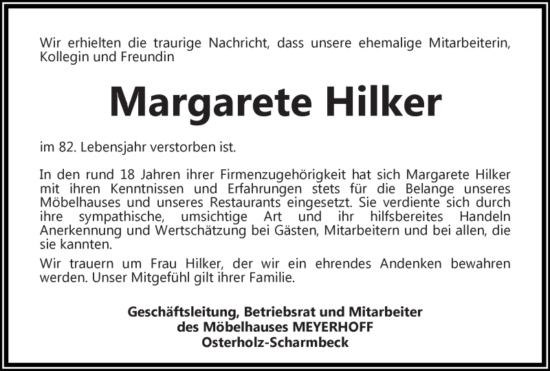 Traueranzeige von Margarete Hilker von Osterholzer Kreisblatt