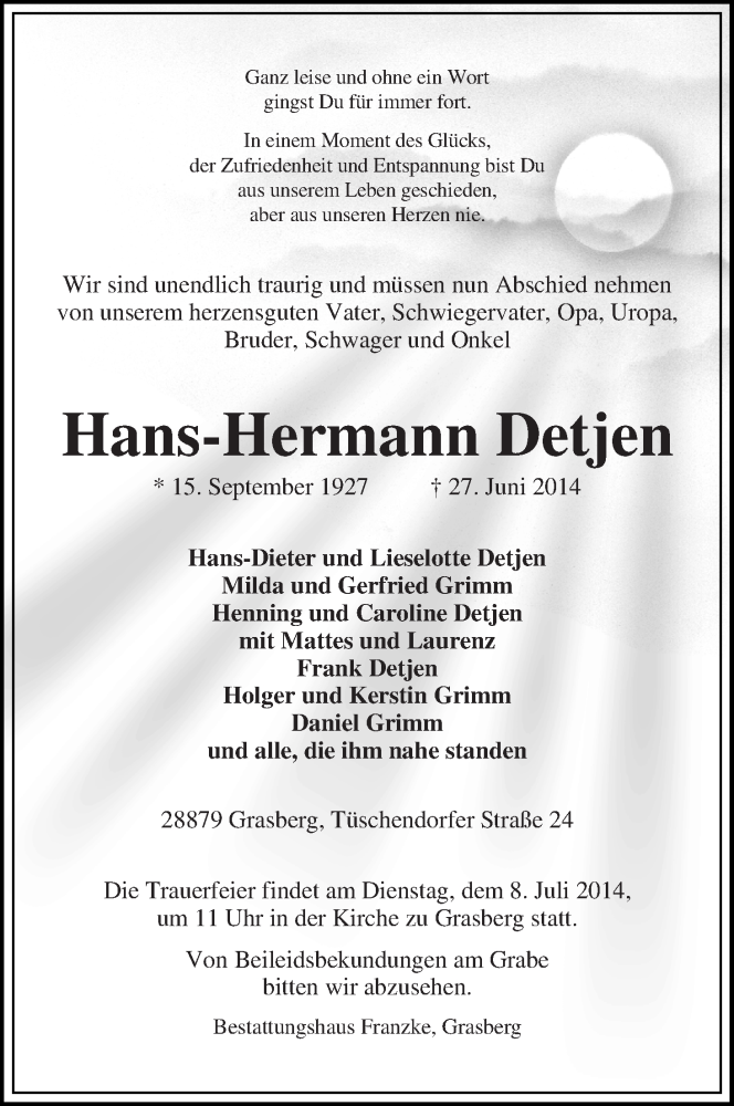 Traueranzeige von Hans-Hermann Detjen von Wuemme Zeitung