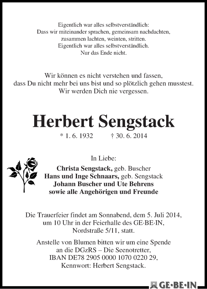 Traueranzeige von Herbert Sengstack von WESER-KURIER