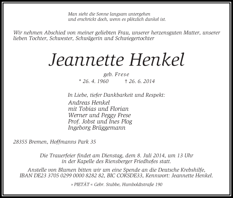 Traueranzeige von Jeannette Henkel von WESER-KURIER