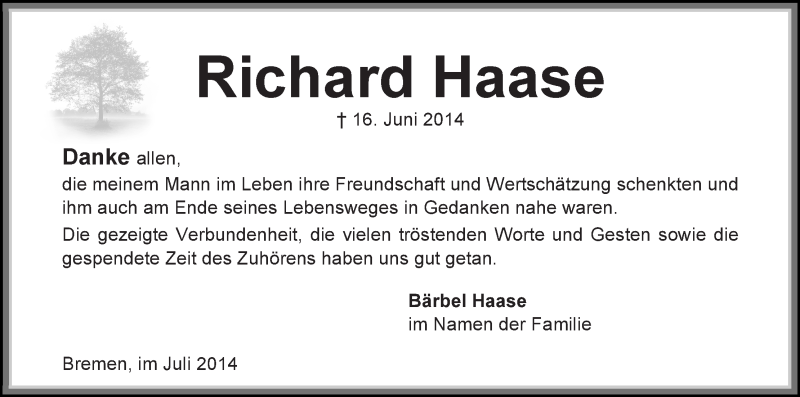 Traueranzeige von Richard Haase von WESER-KURIER