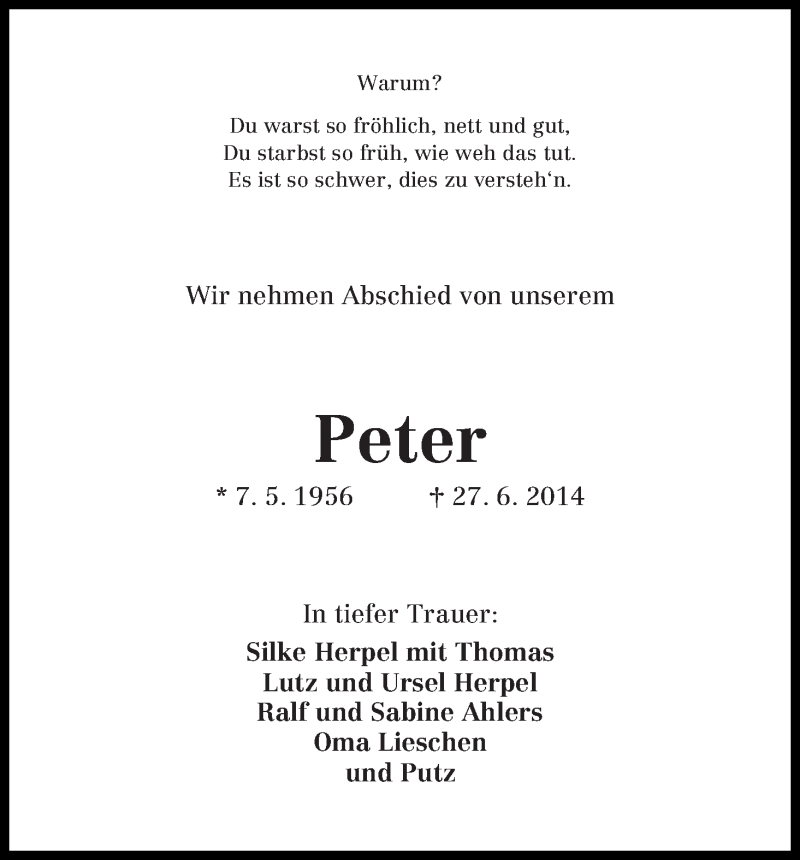 Traueranzeige von Peter  von Die Norddeutsche