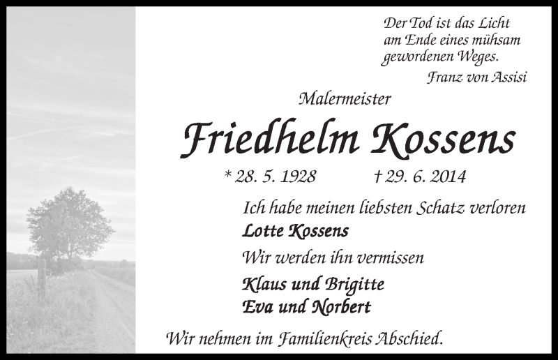 Traueranzeige von Friedhelm Kossens von WESER-KURIER