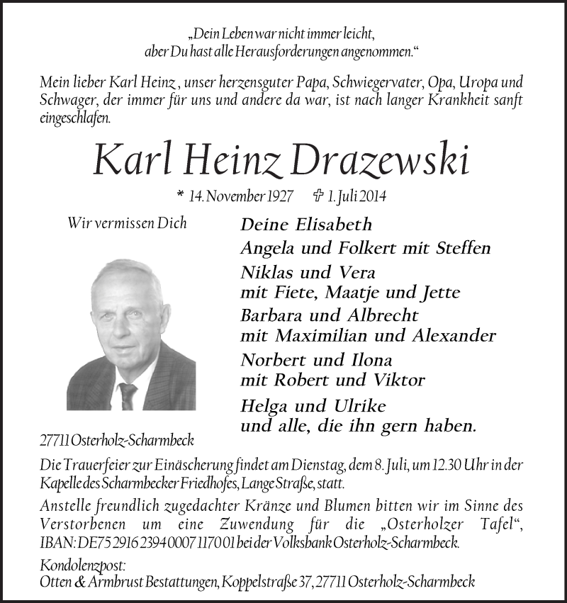 Traueranzeige von Karl Heinz Drazewski von Osterholzer Kreisblatt