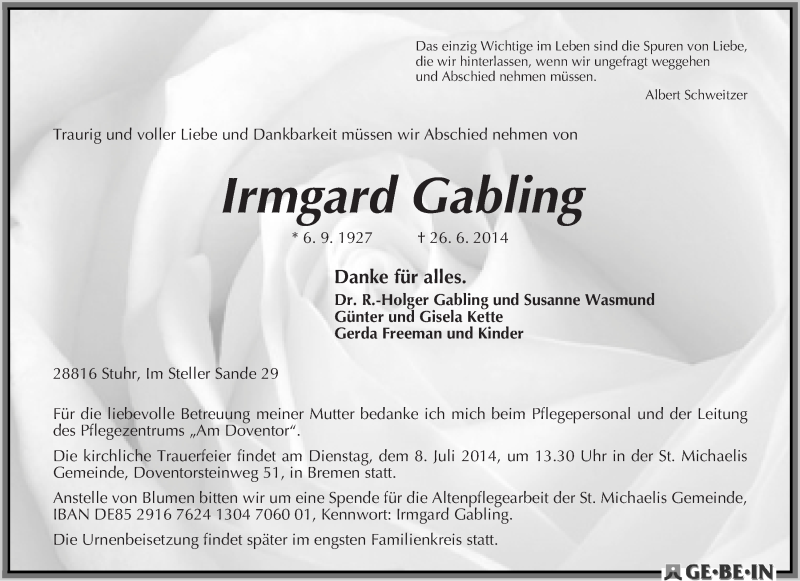Traueranzeige von Irmgard Gabling von WESER-KURIER
