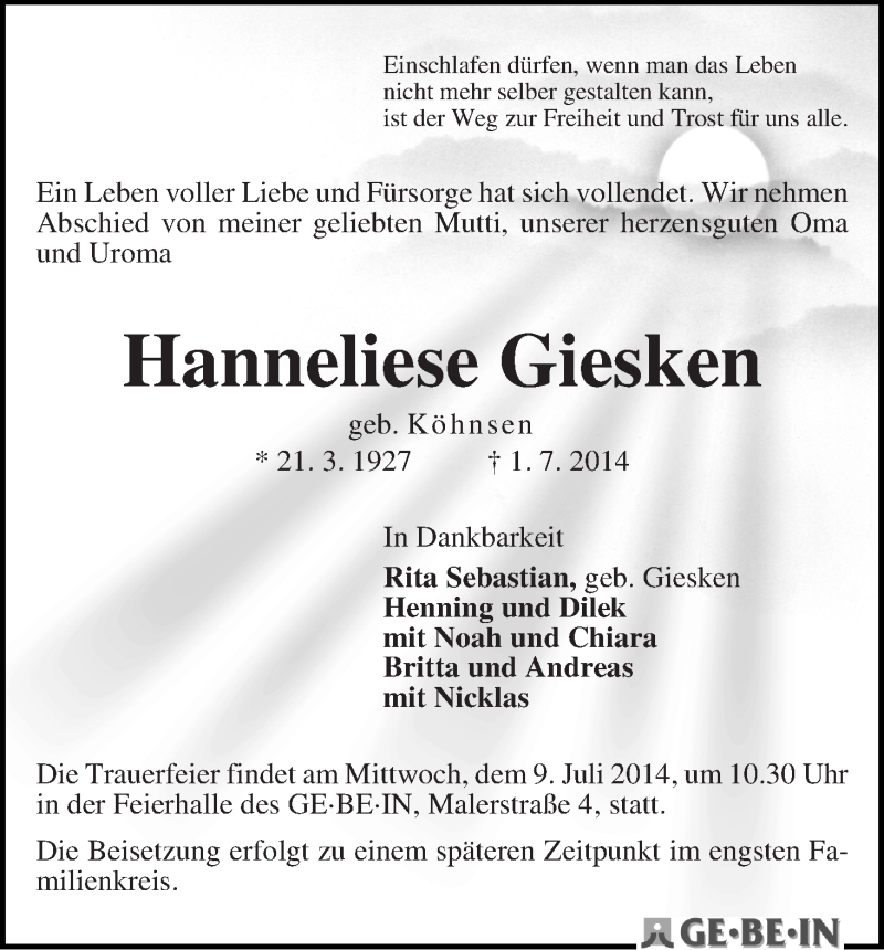 Traueranzeige von Hanneliese Giesken von WESER-KURIER