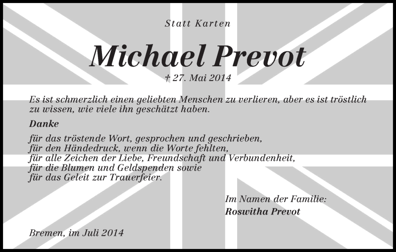  Traueranzeige für Michael Prevot vom 05.07.2014 aus WESER-KURIER