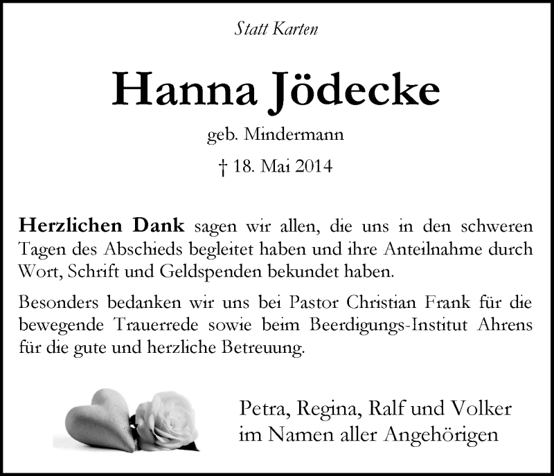  Traueranzeige für Hanna Jödecke vom 05.07.2014 aus WESER-KURIER