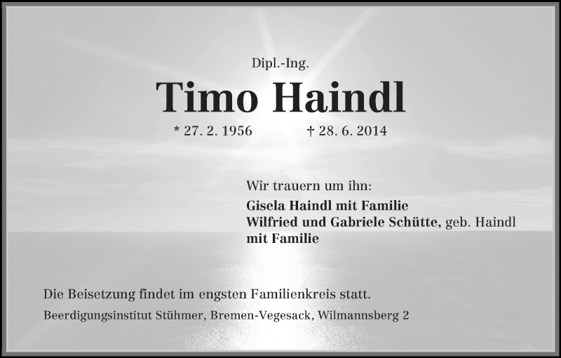  Traueranzeige für Timo Haindl vom 05.07.2014 aus WESER-KURIER