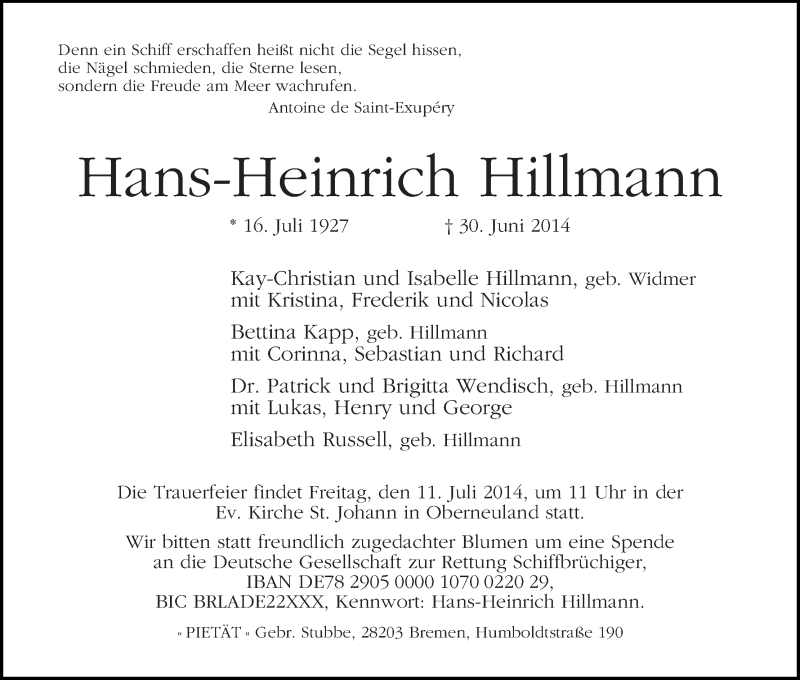 Traueranzeige von Hans-Heinrich Hillmann von WESER-KURIER