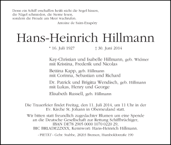 Traueranzeige von Hans-Heinrich Hillmann