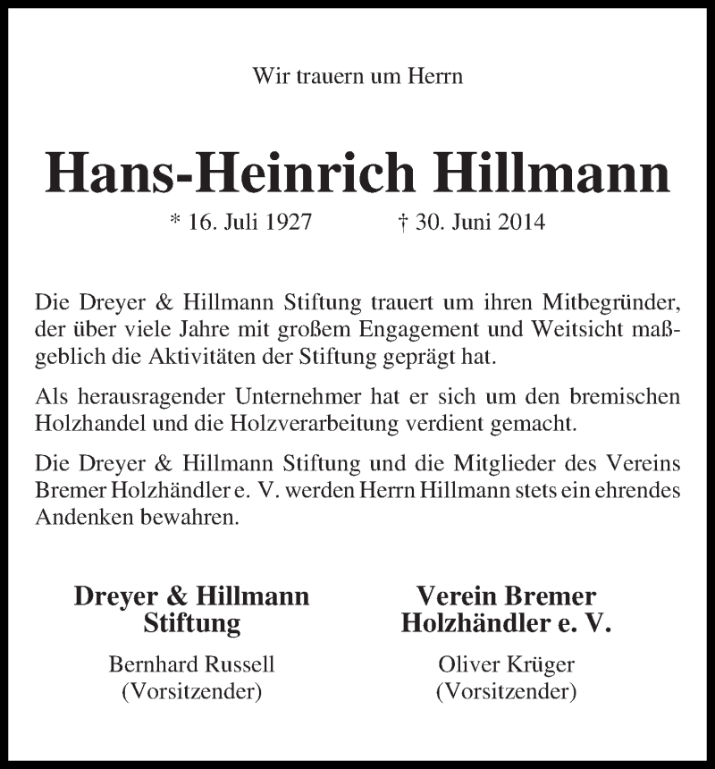 Traueranzeige von Hans-Heinrich Hillmann von WESER-KURIER