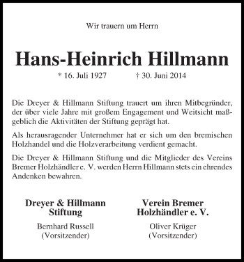 Traueranzeige von Hans-Heinrich Hillmann